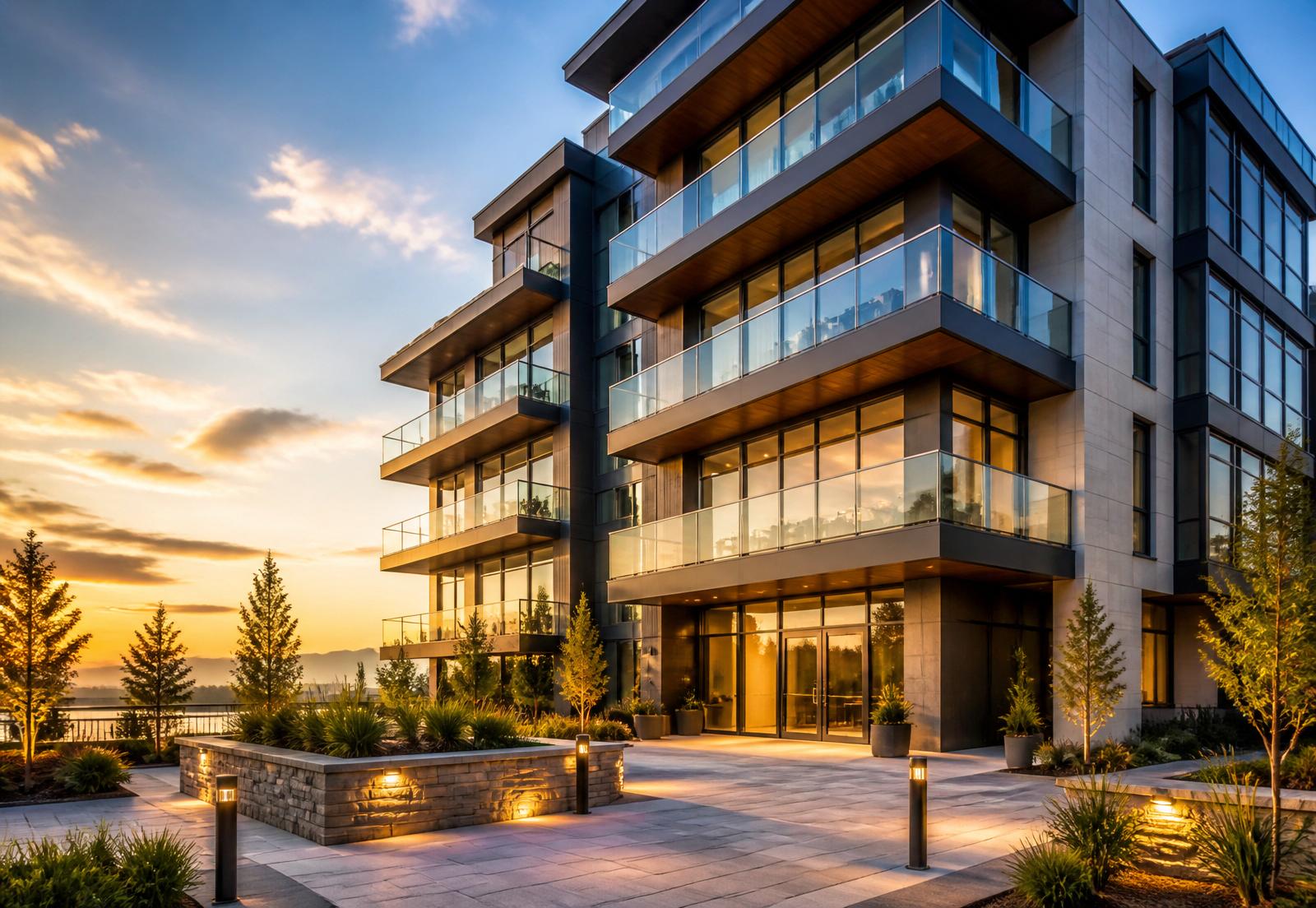 Edifício residencial moderno ao pôr do sol
